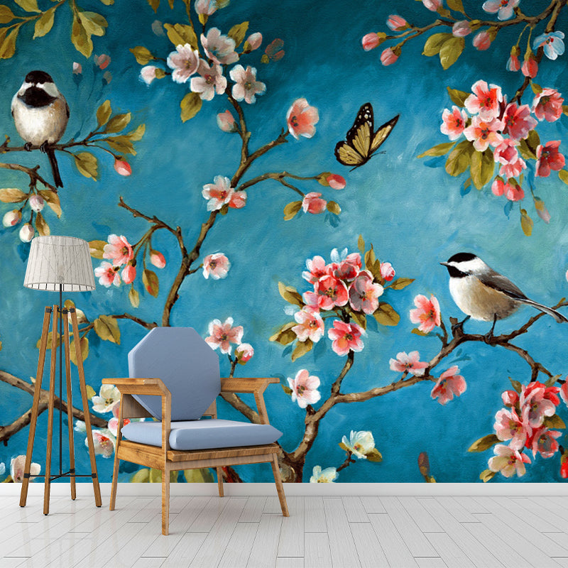 Pink-Blue Birds Mural Decal Branch with Florets Eco-Friendly Wall Art for Bedroom Clearhalo 'Wall Decor' 'Wall Mural' 1209434