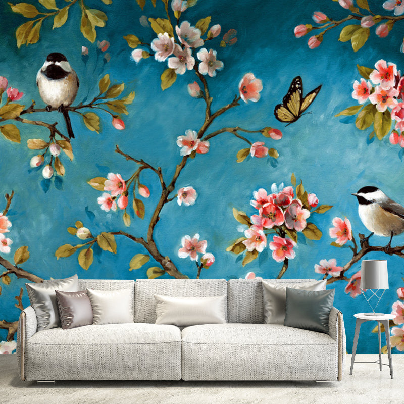 Pink-Blue Birds Mural Decal Branch with Florets Eco-Friendly Wall Art for Bedroom Clearhalo 'Wall Decor' 'Wall Mural' 1209435