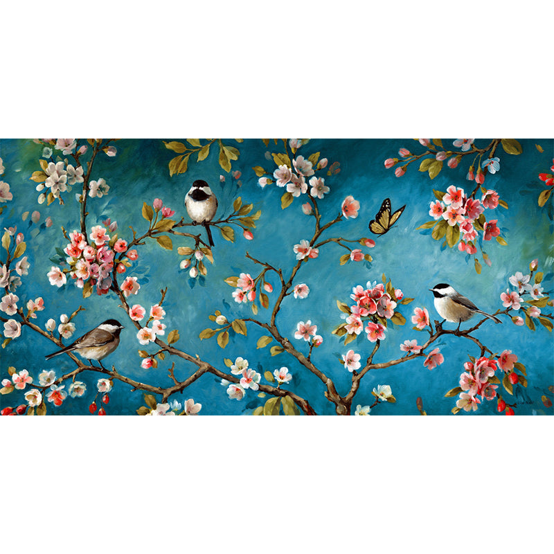 Pink-Blue Birds Mural Decal Branch with Florets Eco-Friendly Wall Art for Bedroom Clearhalo 'Wall Decor' 'Wall Mural' 1209436