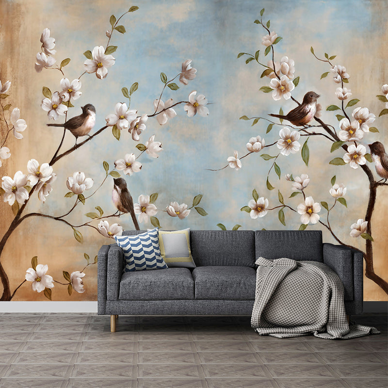 Whole Birds Murals for Wall Contemporary Large Branch with Flowers Wall Art in Blue-Brown Blue-Brown Clearhalo 'Wall Decor' 'Wall Mural' 1209438