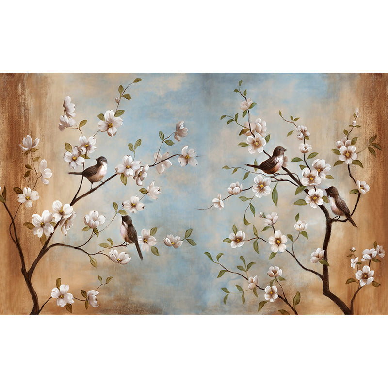 Whole Birds Murals for Wall Contemporary Large Branch with Flowers Wall Art in Blue-Brown Clearhalo 'Wall Decor' 'Wall Mural' 1209441