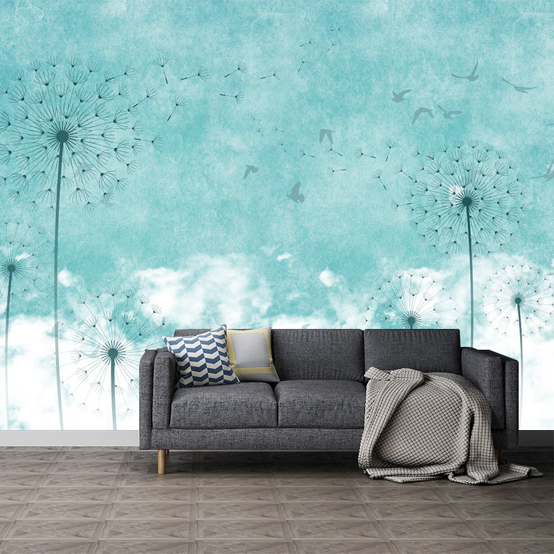 Dandelion Wallpaper Murals in Blue and White, Minimalist Wall Covering for Accent Wall Blue-White Clearhalo 'Wall Decor' 'Wall Mural' 1209558