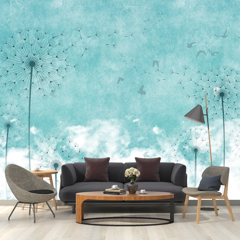 Dandelion Wallpaper Murals in Blue and White, Minimalist Wall Covering for Accent Wall Clearhalo 'Wall Decor' 'Wall Mural' 1209559