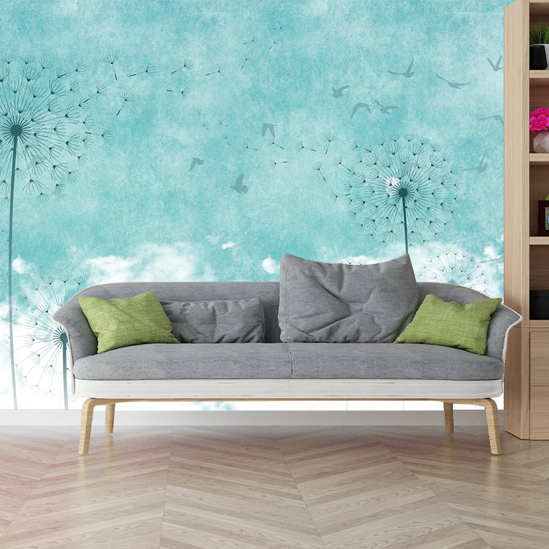 Dandelion Wallpaper Murals in Blue and White, Minimalist Wall Covering for Accent Wall Clearhalo 'Wall Decor' 'Wall Mural' 1209560