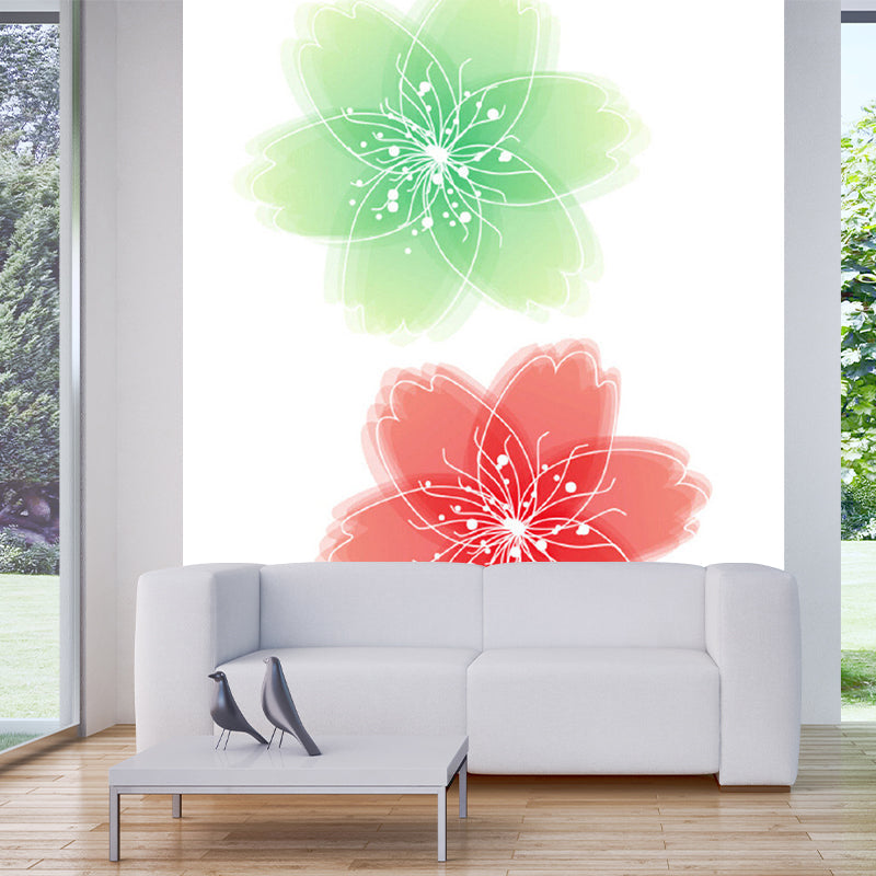 Illustration Florals Murals Wallpaper for Accent Wall, Red and Green, Personalised Size Red-Green Clearhalo 'Wall Decor' 'Wall Mural' 1209589