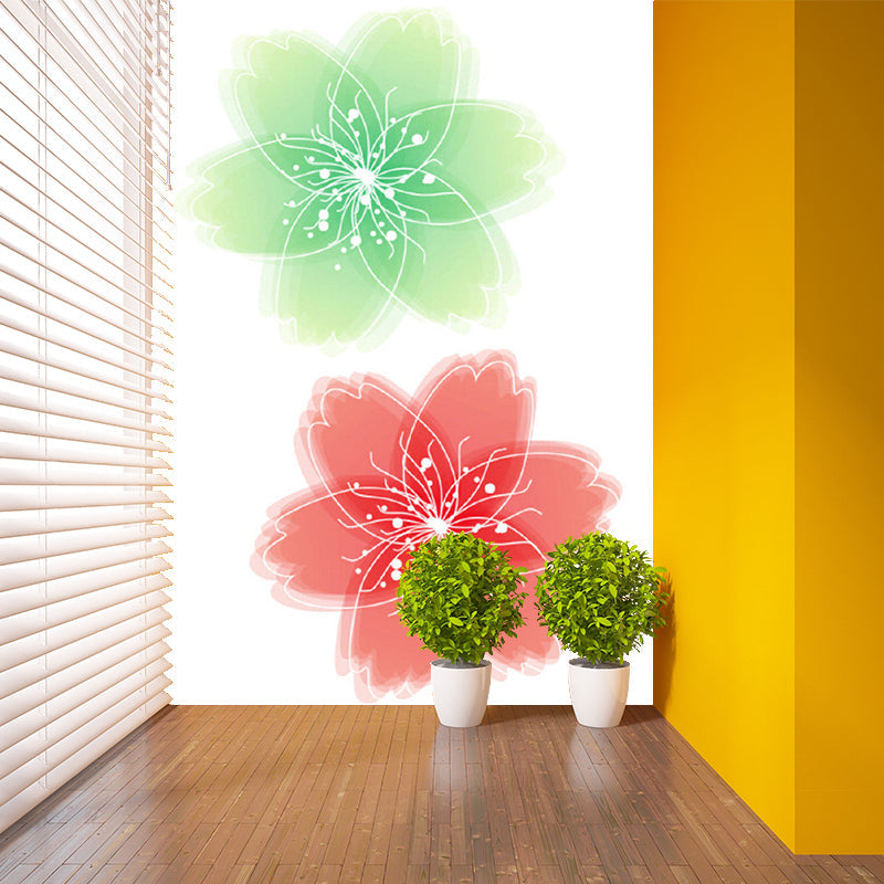 Illustration Florals Murals Wallpaper for Accent Wall, Red and Green, Personalised Size Clearhalo 'Wall Decor' 'Wall Mural' 1209590