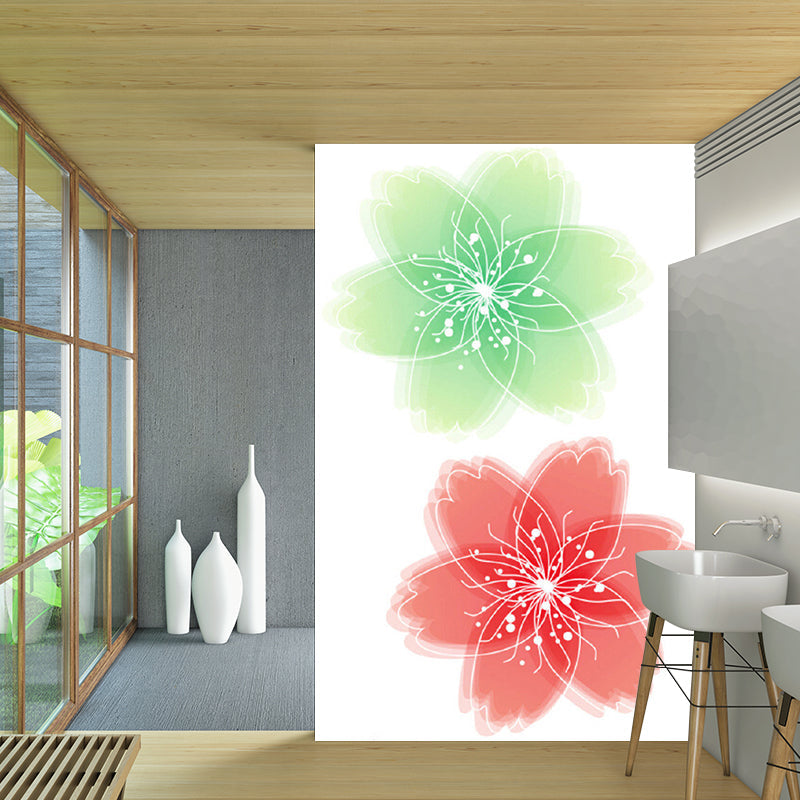 Illustration Florals Murals Wallpaper for Accent Wall, Red and Green, Personalised Size Clearhalo 'Wall Decor' 'Wall Mural' 1209591