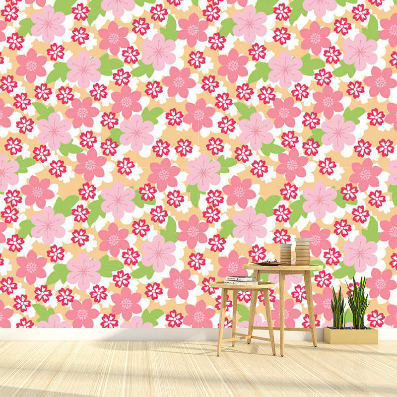 Contemporary Florets Wall Murals in Pink and Green Bedroom Wall Covering, Made to Measure Pink-Green Clearhalo 'Wall Decor' 'Wall Mural' 1209597