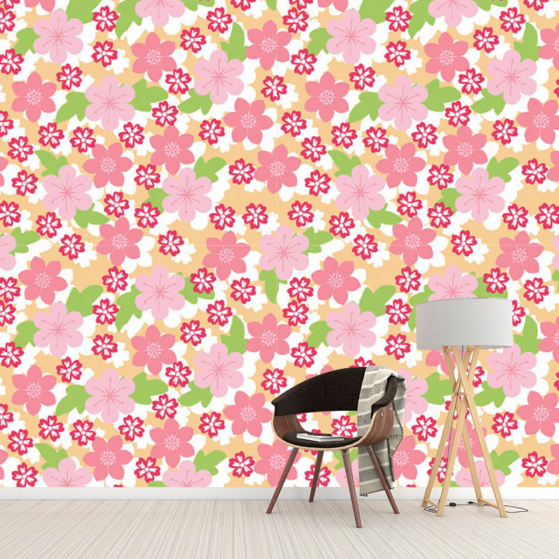 Contemporary Florets Wall Murals in Pink and Green Bedroom Wall Covering, Made to Measure Clearhalo 'Wall Decor' 'Wall Mural' 1209598