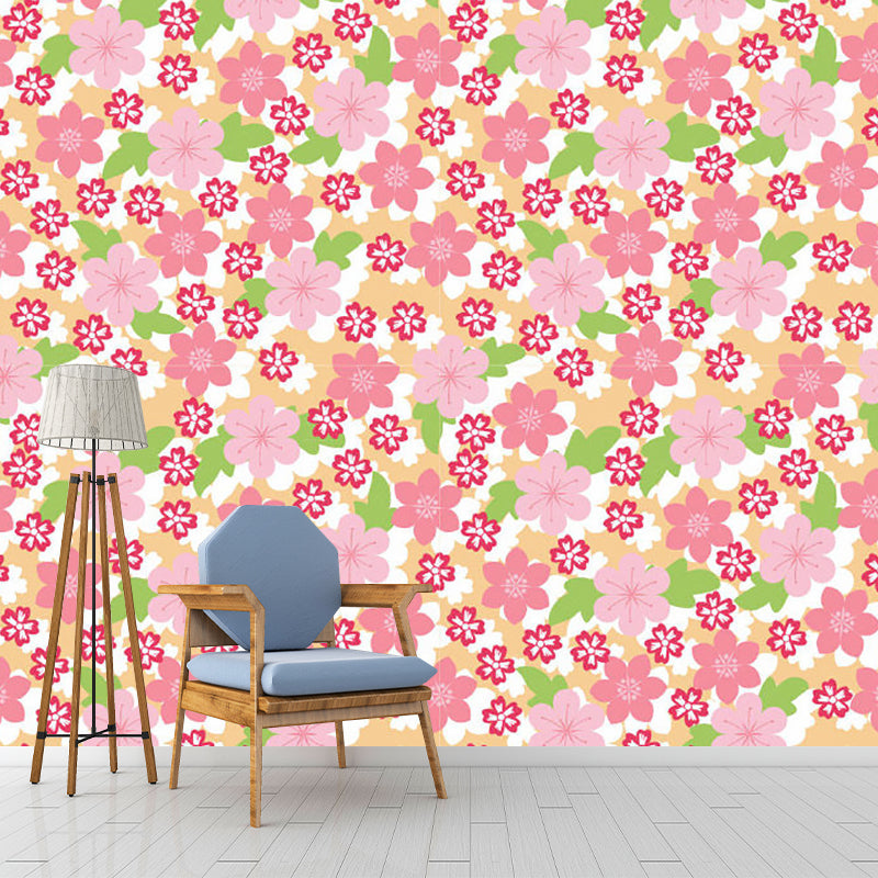 Contemporary Florets Wall Murals in Pink and Green Bedroom Wall Covering, Made to Measure Clearhalo 'Wall Decor' 'Wall Mural' 1209599