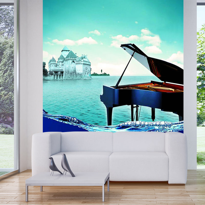 Mediterranean Sea Piano Mural Decal Aqua Stain Resistant Wall Covering for Bedroom Aqua Clearhalo 'Wall Decor' 'Wall Mural' 1209615