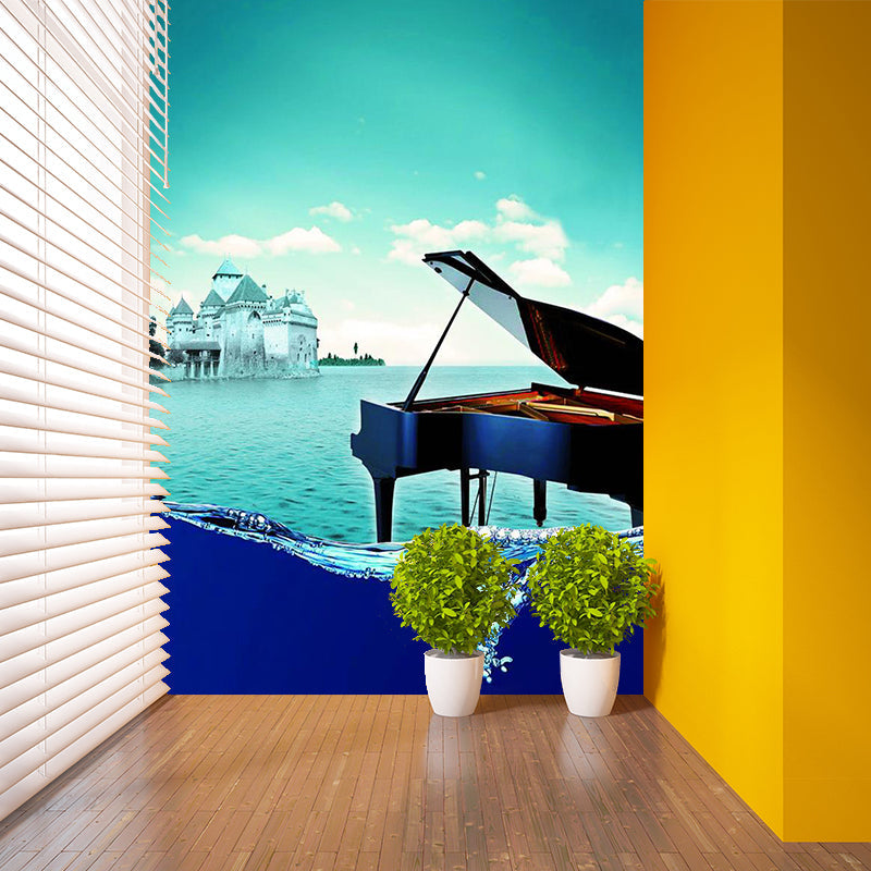 Mediterranean Sea Piano Mural Decal Aqua Stain Resistant Wall Covering for Bedroom Clearhalo 'Wall Decor' 'Wall Mural' 1209616