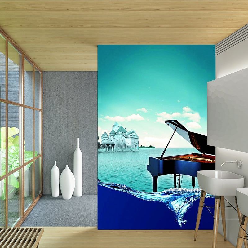 Mediterranean Sea Piano Mural Decal Aqua Stain Resistant Wall Covering for Bedroom Clearhalo 'Wall Decor' 'Wall Mural' 1209617