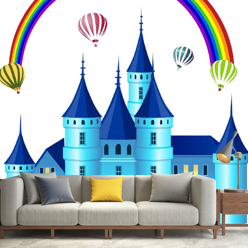 Rainbow and Castle Wall Mural Fantasy Water-Proof Kids Bedroom Wall Art, Custom Print Blue Clearhalo 'Wall Decor' 'Wall Mural' 1209625