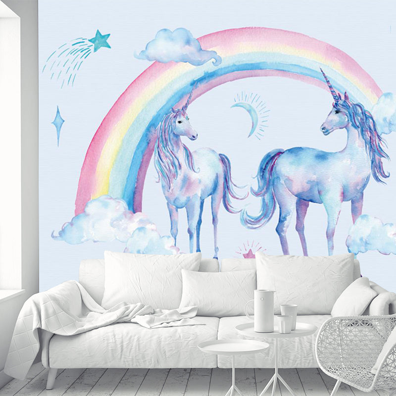 Non-Woven Washable Murals Childrens Art Unicorn and Rainbow Wall Decor for Bedroom Blue-White Clearhalo 'Wall Decor' 'Wall Mural' 1209656