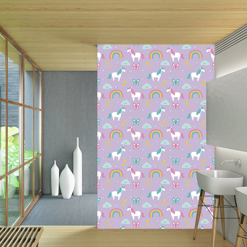 Cartoon Pony Printed Wallpaper Murals Purple-Green Stain Resistant Wall Art for Home Clearhalo 'Wall Decor' 'Wall Mural' 1209666