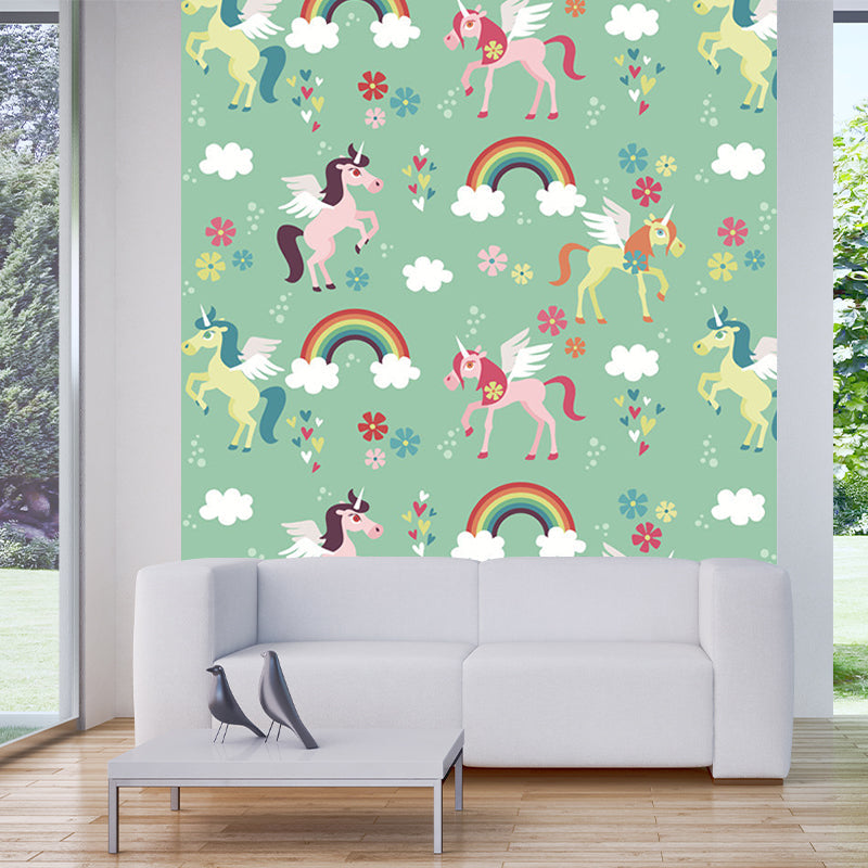 Green Cartoon Mural Wallpaper Whole Rainbow and Unicorn Pattern Wall Decor for Nursery Green Clearhalo 'Wall Decor' 'Wall Mural' 1209669