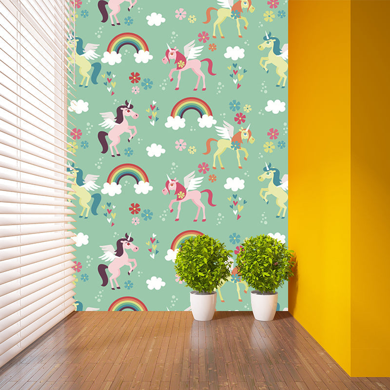 Green Cartoon Mural Wallpaper Whole Rainbow and Unicorn Pattern Wall Decor for Nursery Clearhalo 'Wall Decor' 'Wall Mural' 1209670