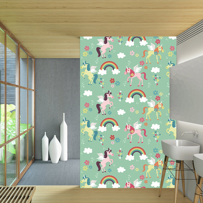 Green Cartoon Mural Wallpaper Whole Rainbow and Unicorn Pattern Wall Decor for Nursery Clearhalo 'Wall Decor' 'Wall Mural' 1209671