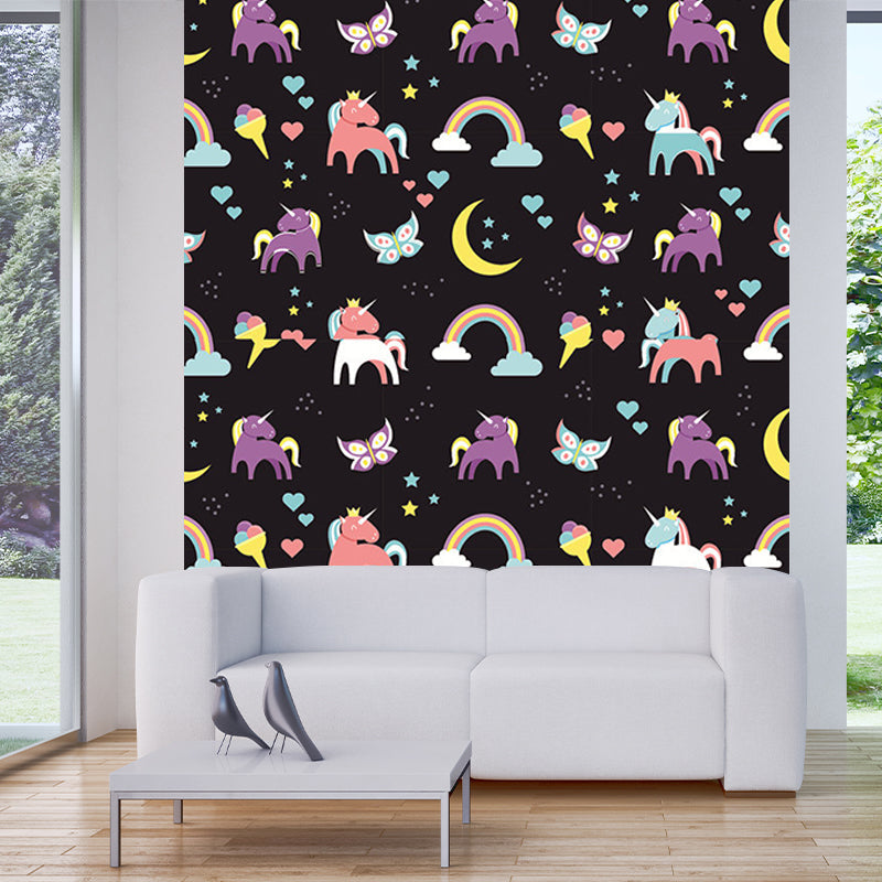 Customized Illustration Cartoon Murals with Unicorn and Moon Pattern in Black, Personalized Size Black Clearhalo 'Wall Decor' 'Wall Mural' 1209677