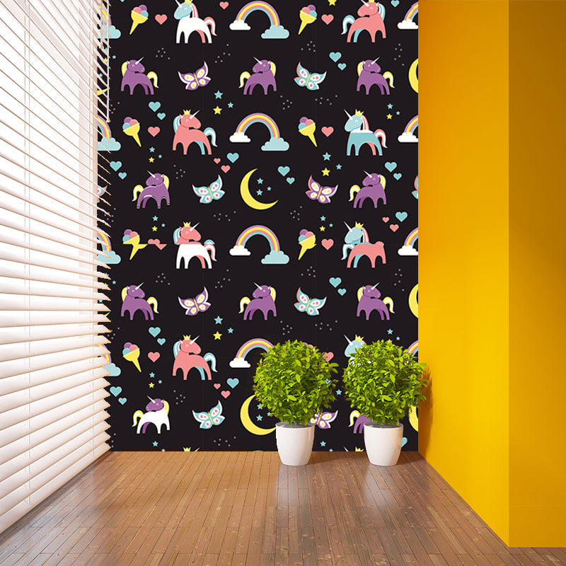 Customized Illustration Cartoon Murals with Unicorn and Moon Pattern in Black, Personalized Size Clearhalo 'Wall Decor' 'Wall Mural' 1209678