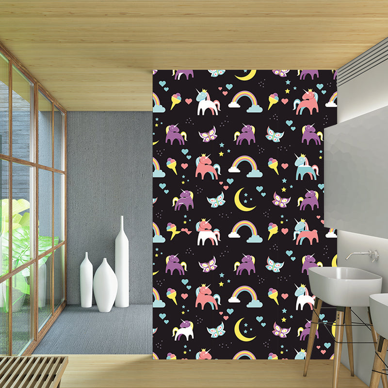 Customized Illustration Cartoon Murals with Unicorn and Moon Pattern in Black, Personalized Size Clearhalo 'Wall Decor' 'Wall Mural' 1209679