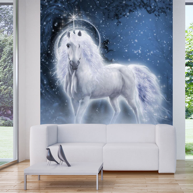 Fairy Tale Steed Wallpaper Murals Scandinavian Smooth Wall Art in Blue and White Blue-White Clearhalo 'Wall Decor' 'Wall Mural' 1209714