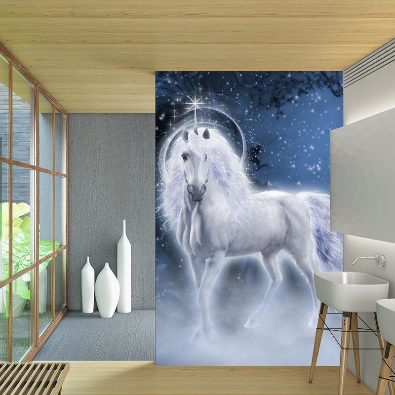 Fairy Tale Steed Wallpaper Murals Scandinavian Smooth Wall Art in Blue and White Clearhalo 'Wall Decor' 'Wall Mural' 1209715