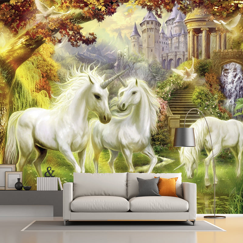 Renaissance Unicorn and Castle Murals White-Green-Yellow Animal Wall Decor, Optional Size White-Green-Yellow Clearhalo 'Wall Decor' 'Wall Mural' 1209737