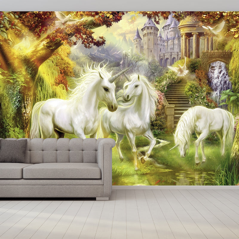 Renaissance Unicorn and Castle Murals White-Green-Yellow Animal Wall Decor, Optional Size Clearhalo 'Wall Decor' 'Wall Mural' 1209738