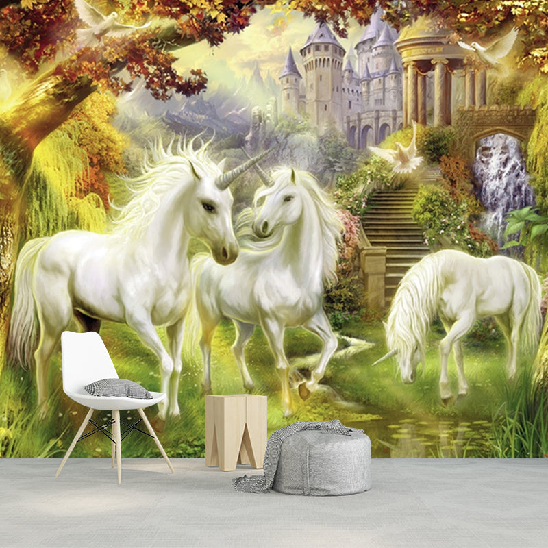 Renaissance Unicorn and Castle Murals White-Green-Yellow Animal Wall Decor, Optional Size Clearhalo 'Wall Decor' 'Wall Mural' 1209739