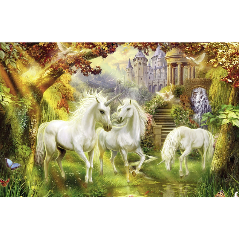 Renaissance Unicorn and Castle Murals White-Green-Yellow Animal Wall Decor, Optional Size Clearhalo 'Wall Decor' 'Wall Mural' 1209740