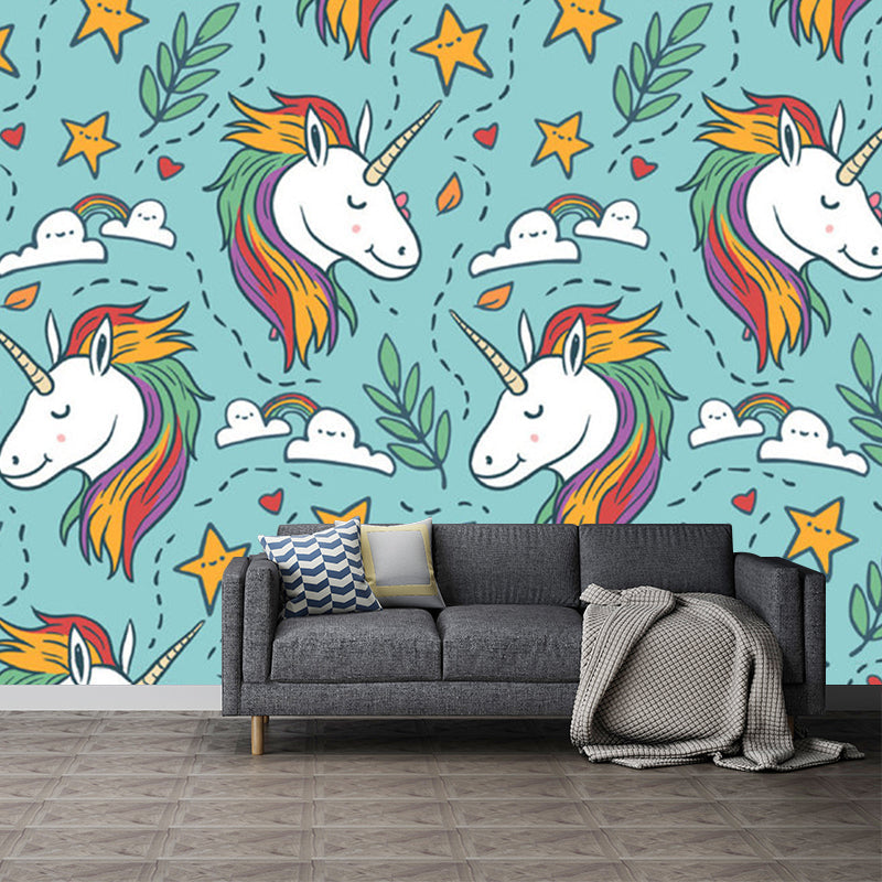 Childrens Art Unicorn Wall Murals for Kids Bedroom Customized Wall Covering in Aqua Aqua Clearhalo 'Wall Decor' 'Wall Mural' 1209745