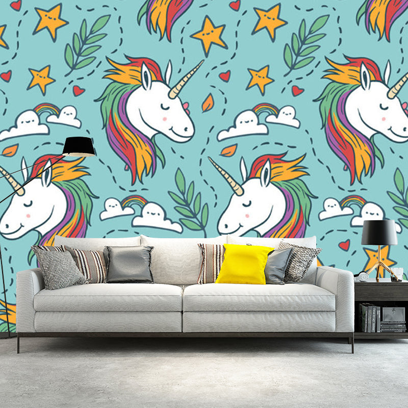 Childrens Art Unicorn Wall Murals for Kids Bedroom Customized Wall Covering in Aqua Clearhalo 'Wall Decor' 'Wall Mural' 1209746