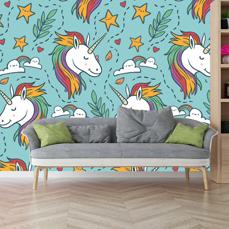 Childrens Art Unicorn Wall Murals for Kids Bedroom Customized Wall Covering in Aqua Clearhalo 'Wall Decor' 'Wall Mural' 1209747