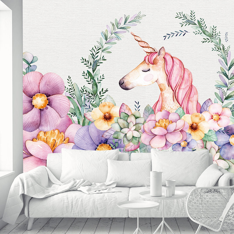 Flower Border Unicorn Head Murals Cartoon Smooth Texture Wall Decor in Pink-Green Pink-Green Clearhalo 'Wall Decor' 'Wall Mural' 1209764