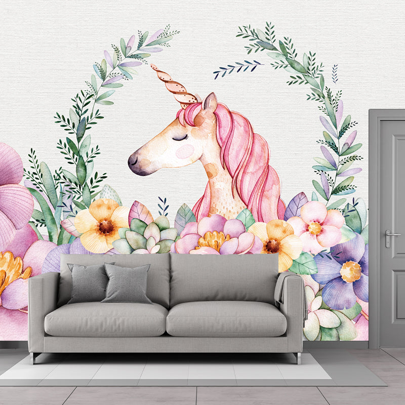 Flower Border Unicorn Head Murals Cartoon Smooth Texture Wall Decor in Pink-Green Clearhalo 'Wall Decor' 'Wall Mural' 1209765