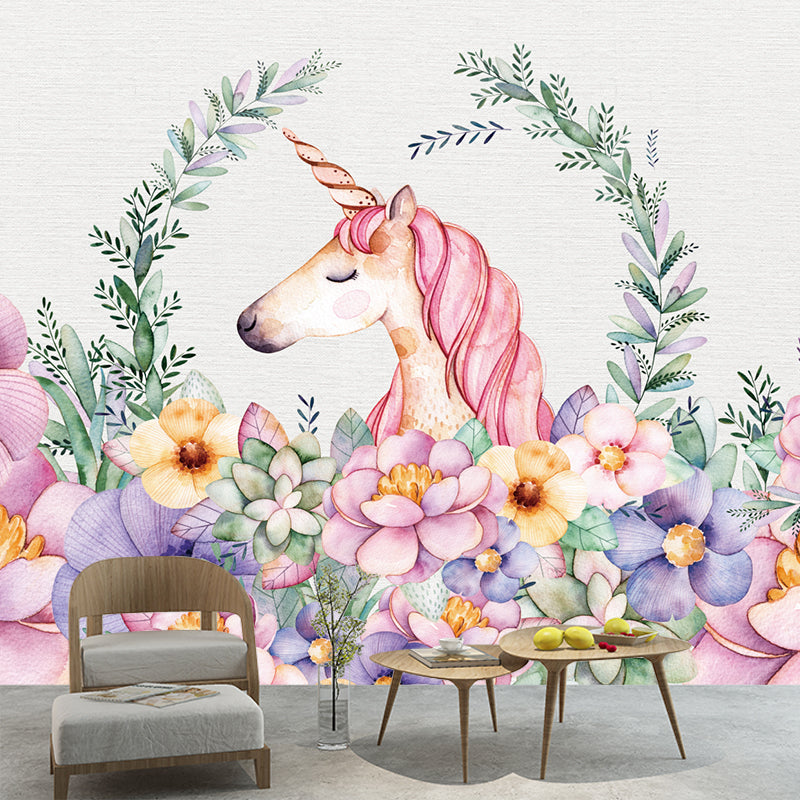 Flower Border Unicorn Head Murals Cartoon Smooth Texture Wall Decor in Pink-Green Clearhalo 'Wall Decor' 'Wall Mural' 1209766