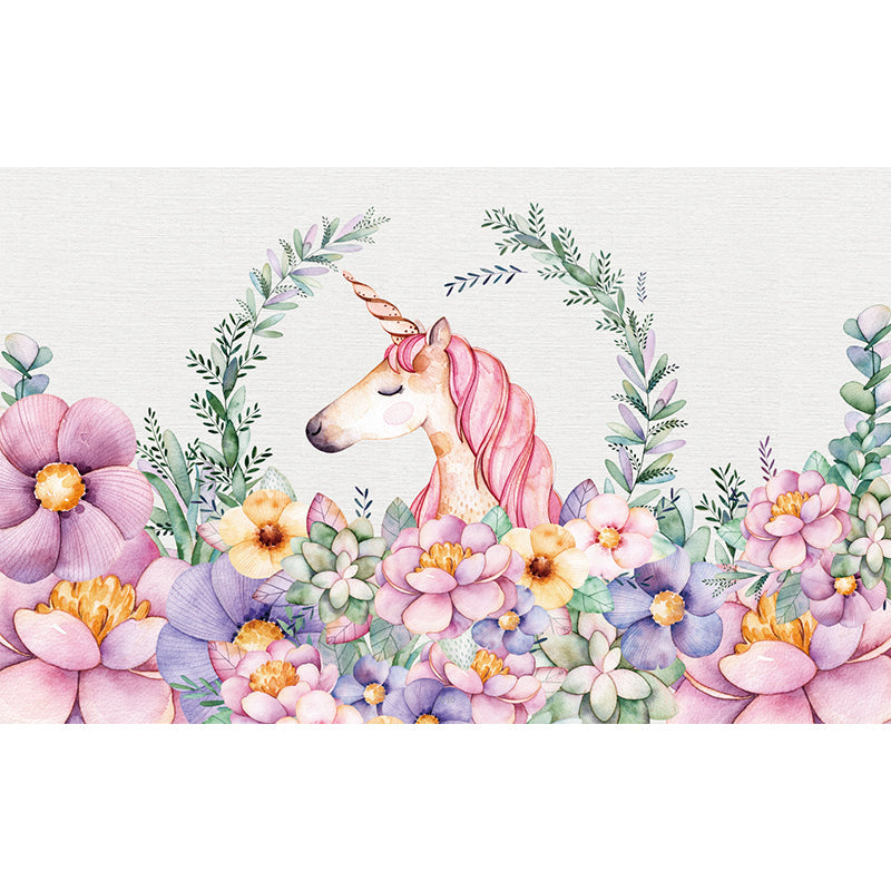 Flower Border Unicorn Head Murals Cartoon Smooth Texture Wall Decor in Pink-Green Clearhalo 'Wall Decor' 'Wall Mural' 1209767