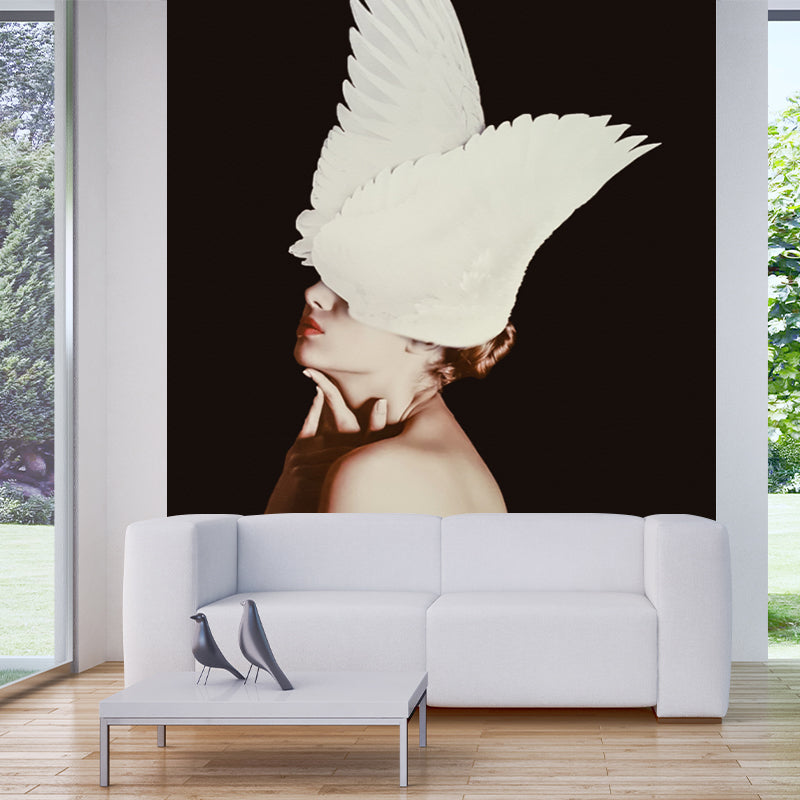 Photography Lady with Feather Murals Full Size Wall Covering for Bedroom, Made to Measure Black-White Clearhalo 'Wall Decor' 'Wall Mural' 1209785