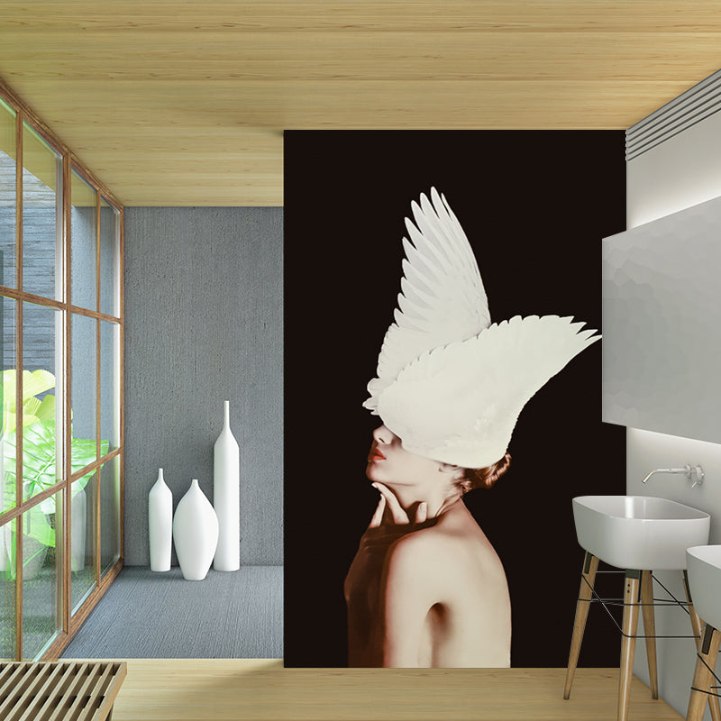 Photography Lady with Feather Murals Full Size Wall Covering for Bedroom, Made to Measure Clearhalo 'Wall Decor' 'Wall Mural' 1209786