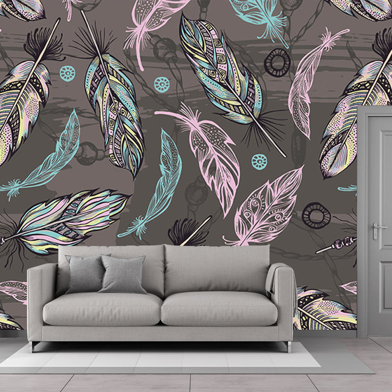 Grey-Pink-Green Feathers Murals for Wall Decoration Modern Living Room Wall Covering Grey-Pink-Green Clearhalo 'Wall Decor' 'Wall Mural' 1209802