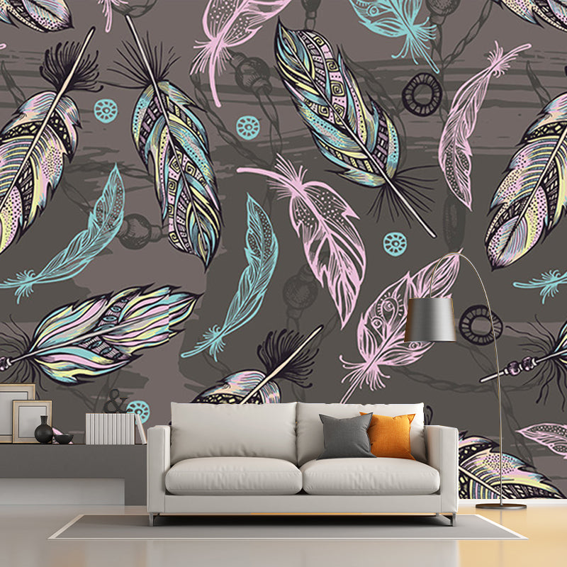 Grey-Pink-Green Feathers Murals for Wall Decoration Modern Living Room Wall Covering Clearhalo 'Wall Decor' 'Wall Mural' 1209803