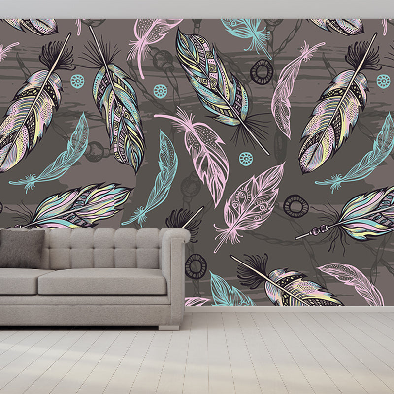 Grey-Pink-Green Feathers Murals for Wall Decoration Modern Living Room Wall Covering Clearhalo 'Wall Decor' 'Wall Mural' 1209804