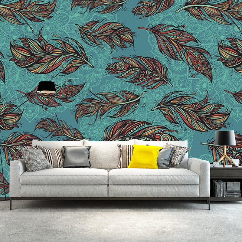 Modern Feathers Wall Murals for Backsplash, Customize Size Available Wall Art in Aqua and Brown Aqua Clearhalo 'Wall Decor' 'Wall Mural' 1209807