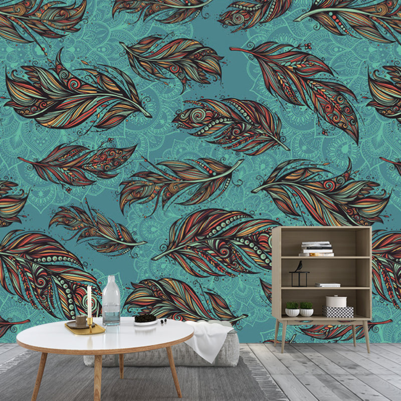 Modern Feathers Wall Murals for Backsplash, Customize Size Available Wall Art in Aqua and Brown Clearhalo 'Wall Decor' 'Wall Mural' 1209808