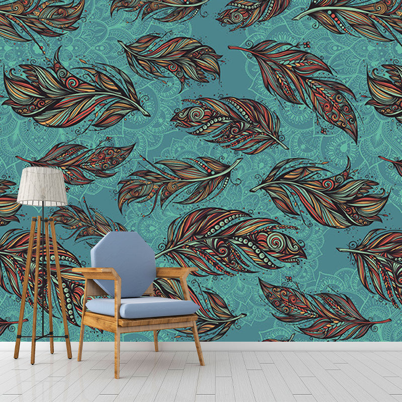 Modern Feathers Wall Murals for Backsplash, Customize Size Available Wall Art in Aqua and Brown Clearhalo 'Wall Decor' 'Wall Mural' 1209809