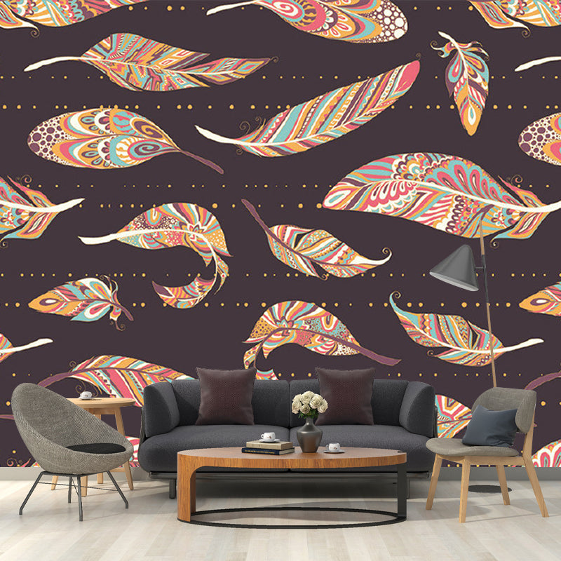 Illustration Colorful Feather Murals Wallpaper for Bedroom, Brown, Made to Measure Brown Clearhalo 'Wall Decor' 'Wall Mural' 1209828