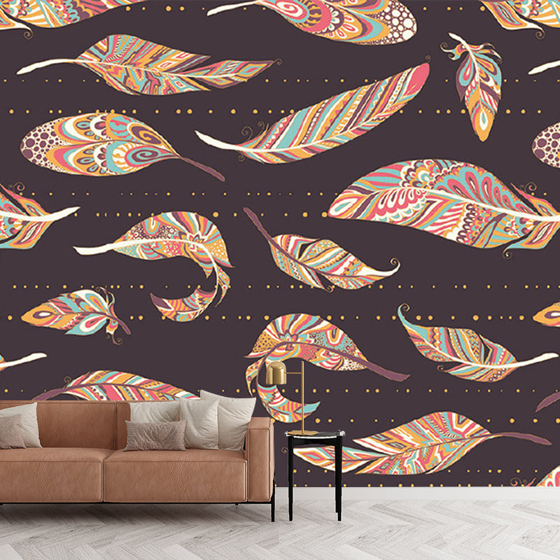 Illustration Colorful Feather Murals Wallpaper for Bedroom, Brown, Made to Measure Clearhalo 'Wall Decor' 'Wall Mural' 1209829