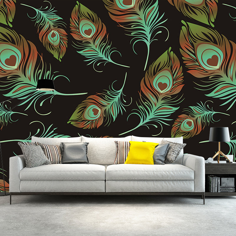 Feathers Wallpaper Murals in Black and Green, Contemporary Wall Art for Living Room Black-Green Clearhalo 'Wall Decor' 'Wall Mural' 1209836